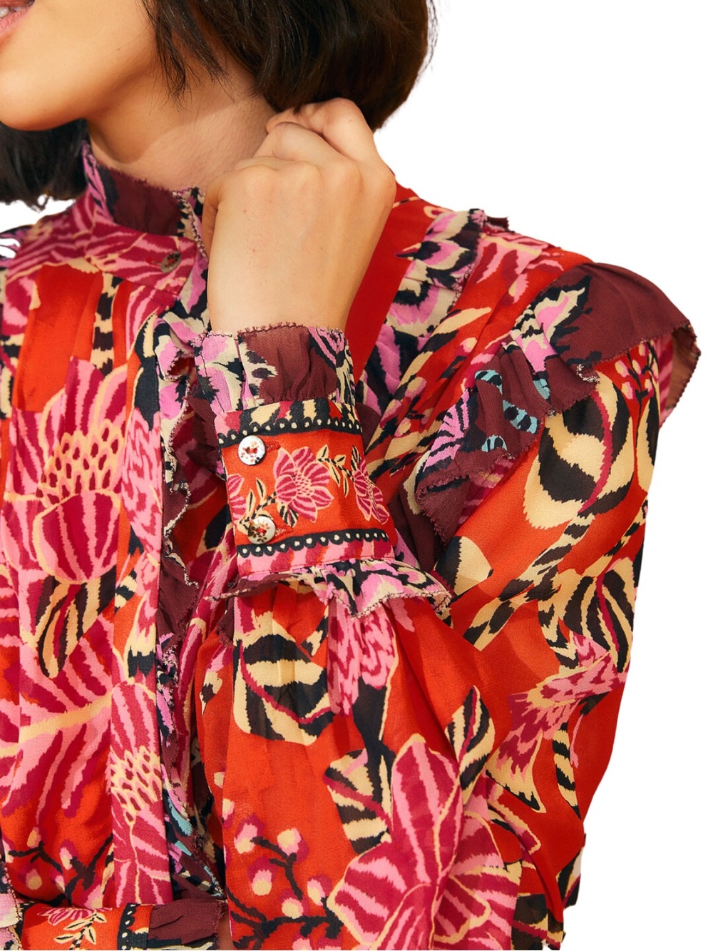 Farm Rio Red Floral Long-Sleeve Ruffle Mini Dress - Picture 2 of 5